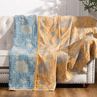 jinchan Boho 100 Cotton Muslin Queen Size 80x90 Inches Blanket Lightweight 4Layer Quilted Soft Yellow and Blue Floral Throw Blanket Reversible Comfy Flower Rustic All Seasons Couch Bedroom Decor