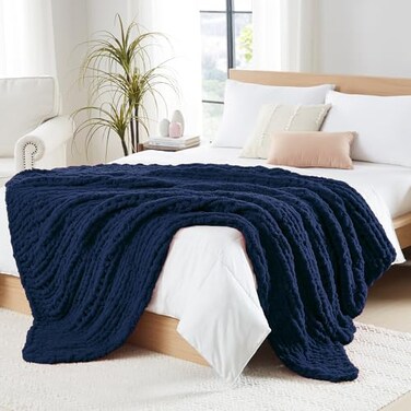 L'AGRATY LAGRATY Chunky Knit Blanket Throw Soft Chunky Throw Blanket 50x60 100 Hand Kintted Chenile Crochet Throw Blanket for Couch Large Cable Knit Chunky Blanket for Home DecorDark Blue