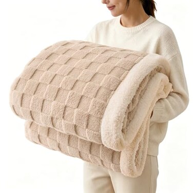 Gracelife Sherpa Throw Blanket for Couch Flannel Cozy Soft Thick Blanket for Bed Fleece Beige 60x80 Inches