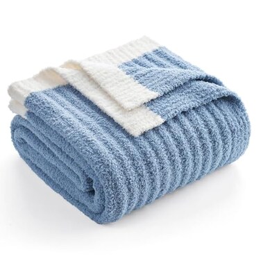 Snuggle Sac Ribbed Blue Throw Blanket for Couch Microfiber Knit Stripe Throws Soft Fuzzy Blankets for Couch Sofa Travel Blue 50x60 inches