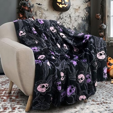 Roszwtit Halloween Goth Skull Throw Blanket 50x60 Inch Gothic Skeleton Blankets Soft Lightweight Cozy Plush Blanket for Halloween Decor Gifts