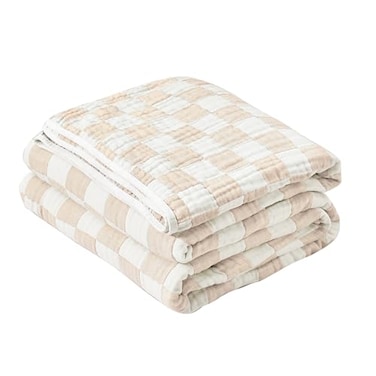 SANACYNA 100 Cotton Muslin Blanket 6Layer Gauze Cream Grid Cooling Blanket Lightweight Soft and Breathable Blanket for Sofa Couch Bed Coverlet Both Sides Cream Throw 50x60