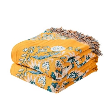 XIBLC Boho Throw Blanket 100 Cotton Ultra Soft Luxury Throw Rustic Quilt Floral Printed Farmhouse Decor Bed Summer Blankets All Season Rustic Reversible Bohemian Throw for Bed 60x80 Yellow