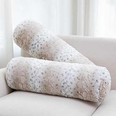 Cheer Collection Faux Fur Bolster Pillows Soft Decorative Cylinder Pillows for Bed or Couch Machine Washable 8 x 24 Set of 2 Snow Leopard