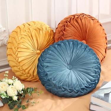 Drydiet 3 Pcs Round Throw Velvet Pillows Decorative Pleated Throw Pillows Diameter Accent Pumpkin Boho Chair Cushion for Couch Sofa Home Decoration YellowBrunt OrangeBlue15