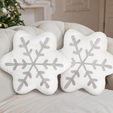 Soaoo 2 Pcs Snowflake Pillow Winter Throw Pillows Decorative Sherpa White Snowflake Shaped Cushion for Winter Home Decor Couch Sofa Bedroom DecorationGray