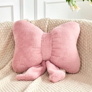 XVTRU Dusty Pink Bow Pillow Soft Bow Decorative Pillows with Faux Rabbit Fur Cute 12 Bow Throw Pillows Aesthetic Home Decor Bow Shaped Plush Pillow for Bedroom Sofa Couch