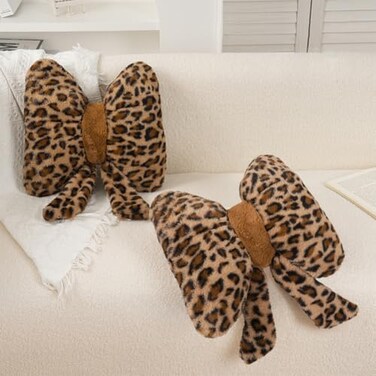 GKWW 2Pcs Leopard Print Bow Throw Pillow Furry Bow Plush Pillows Cute Flower Plush Pillow Cheetah Home Decor Stuffed Bow Lumbar Pillow for Bed Couch Living Room Decor Brown 16in Bowknot