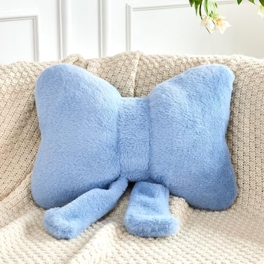 XVTRU Dusty Blue Bow Pillow Soft Bow Decorative Pillows with Faux Rabbit Fur Cute 12 Bow Throw Pillows Aesthetic Home Decor Bow Shaped Plush Pillow for Bedroom Sofa Couch