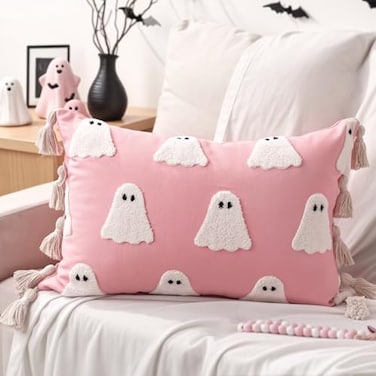 Bunny Chorus Halloween Decor Throw Pillows Cute Pink White Ghost Halloween Pillow Plush Ghosts Pink Soft Cushion Decorations with Boho Tassels for Kids Home Sofa Bed Office Couch Living Room