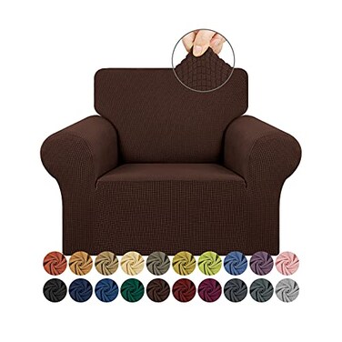 KEKUOU Stretch Single Sofa Slipcover 1 Piece Couch Sofa Cover 3155 Furniture Protector 1 Seater Sofa with Elastic Bottom for KidsPetJacquard Small Checked Pattern FabricSmallChocolate