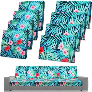 Spiareal 8 Pcs Waterproof Patio Stretch Sofa Cushion Cover Outdoor Cushion Cover Replacement Include 4 Backrests and 4 Cushions Sofa Seat Covers Furniture Protector Tropical Plants
