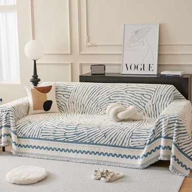 ROOMLIFE Thicked Striped Couch Cover with Tassel Blue Chenille Sofa Cover Blanket for Sectional Sofa Soft Sofa Slipcovers for L Shaped Love Seat 23 Cushion Couch Anti Slip Sofa Protector 71x118
