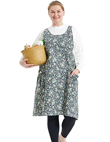 APRONNER Big Plus Size Aprons for Women with Pockets Cotton Linen Baking Kitchen Cooking Pastoral Style