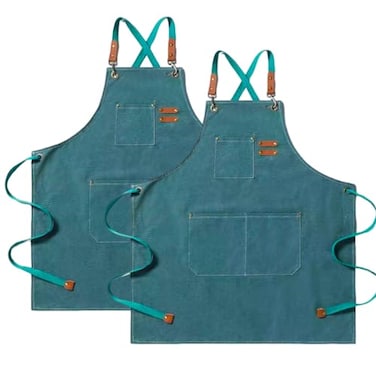 USCHAILIQIANG Kitchen Apron Canvas 2 Pack Chef Apron Cross Back Adjustable Apron with 3 Pockets Professional Tool Work Apron Waterproof Barbecue BBQ Apron for Men Women Cooking Painting Gardener Green