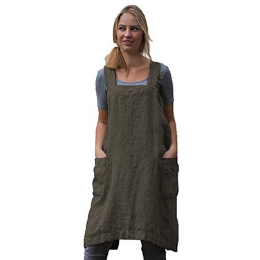 Larmliss Womens Pinafore Square Apron Baking Cooking Gardening Works Cross Back CottonLinen Blend Dress with 2 Pockets