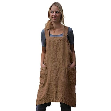 Larmliss Womens Pinafore Square Apron Baking Cooking Gardening Works Cross Back CottonLinen Blend Dress with 2 Pockets