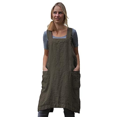 Larmliss Womens Pinafore Square Apron Baking Cooking Gardening Works Cross Back CottonLinen Blend Dress with 2 Pockets