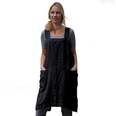 Larmliss Womens Pinafore Square Apron Baking Cooking Gardening Works Cross Back CottonLinen Blend Dress with 2 Pockets