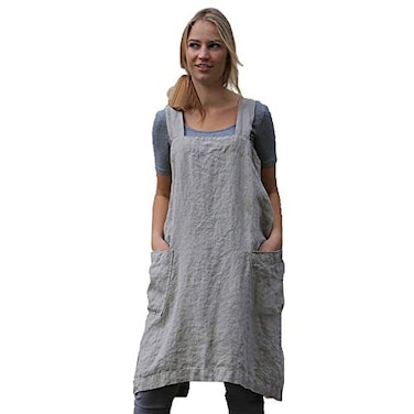 Larmliss Womens Pinafore Square Apron Baking Cooking Gardening Works Cross Back CottonLinen Blend Dress with 2 Pockets Gray