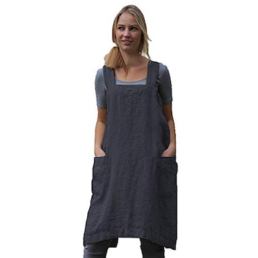 Larmliss Womens Pinafore Square Apron Baking Cooking Gardening Works Cross Back CottonLinen Blend Dress with 2 Pockets Dark GrayL