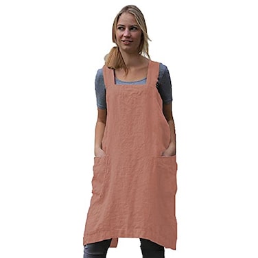 Larmliss Womens Pinafore Square Apron Baking Cooking Gardening Works Cross Back CottonLinen Blend Dress with 2 Pockets Salmon PinkM