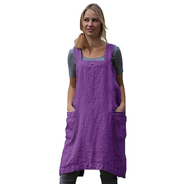Larmliss Womens Pinafore Square Apron Baking Cooking Gardening Works Cross Back CottonLinen Blend Dress with 2 Pockets PurpleM
