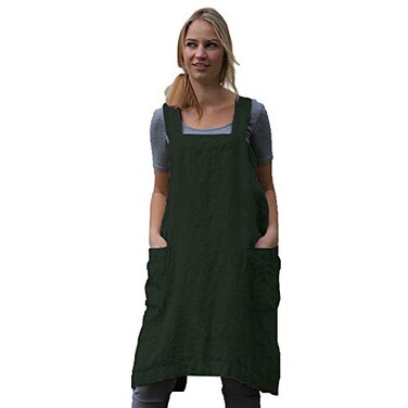 Larmliss Womens Pinafore Square Apron Baking Cooking Gardening Works Cross Back CottonLinen Blend Dress with 2 Pockets Dark GreenM