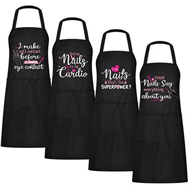 Mepase 4 Pcs Nail Tech Aprons with Pocket for Women Funny Adjustable Waterproof Manicurist Gifts for Salons Cosmetology SmockBlack