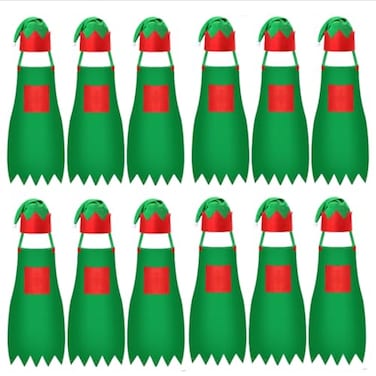 Handepo 12 Sets Christmas Apron and Hat Christmas Elf Costume Kit for Adults Women Cosplay Kitchen Xmas HolidayGreenSimple