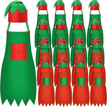 Handepo 16 Set Christmas Elf Apron Kit Christmas Aprons and Hat Elf Costume Santa Hat Funny Chef Apron for Xmas PartyRed GreenSimple