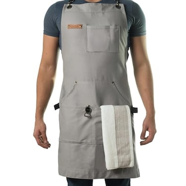 Asaya Chef BBQ Apron with Pockets Cross Back Canvas Cooking Apron for Women and Men Adjustable Work Grilling Aprons with Pocket Bottle Opener and Hand Towel 10oz Cotton Canvas Grey