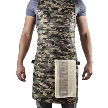 Asaya Chef BBQ Apron with Pockets Cross Back Canvas Cooking Apron for Women and Men Adjustable Work Grilling Aprons with Pocket Bottle Opener and Hand Towel 10oz Cotton Canvas Camo