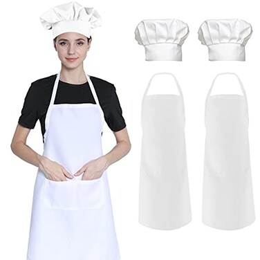 Hi loyaya 2 Pack White Apron and Chef hat Cooking Kitchen Bib Aprons for Women Men Chef with Pockets for BBQ Grilling Baking 2 White