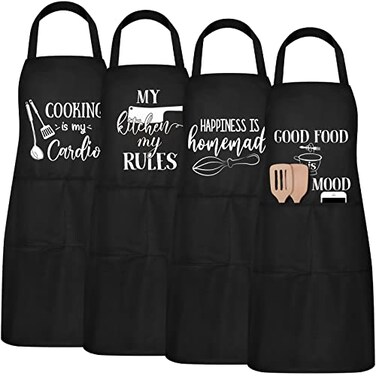 Mepase 4piece Fun Cooking Apron Set Womens Size with 2 Pockets Adjustable Kitchen Apron Suitable for Moms Wives Bakers Chefs