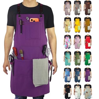 Stenffy Kitchen Apron Work Apron Canvas Multiple Pockets Gardening Painting BBQ Artist Carpenter Sizes M to XXL Purple
