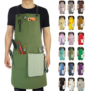 Stenffy Kitchen Apron Work Apron Canvas Multiple Pockets Gardening Painting BBQ Artist Carpenter Sizes M to XXL Olive