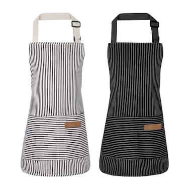 XLSXEXCL 2 Pack Stripes Kids Apron Kids Cooking Aprons with 2 Pockets Cute Aprons for Cooking for Boys and Girls BlackGrey 45x50cm