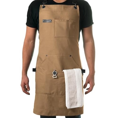 Asaya Chef BBQ Apron with Pockets Cross Back Canvas Cooking Apron for Women and Men Adjustable Work Grilling Aprons with Pocket Bottle Opener and Hand Towel 10oz Cotton Canvas Tan
