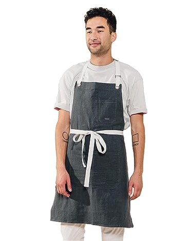 Caldo Linen Kitchen Apron for Cooking Mens and Womens Linen Bib Apron for Professional Chef Server or Barista Adjustable with Pockets Slate