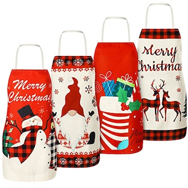 Zhanmai 4 Pieces Christmas Apron for Women Men Adjustable Christmas Kitchen Baking Apron Bib Aprons for Xmas Party GiftCute Style