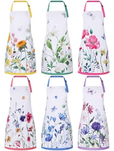 Bencailor 6 Pcs Summer Kitchen Floral Aprons with Pockets Flowers Butterfly Sunflower Wildflowers Aprons Bulk for Women
