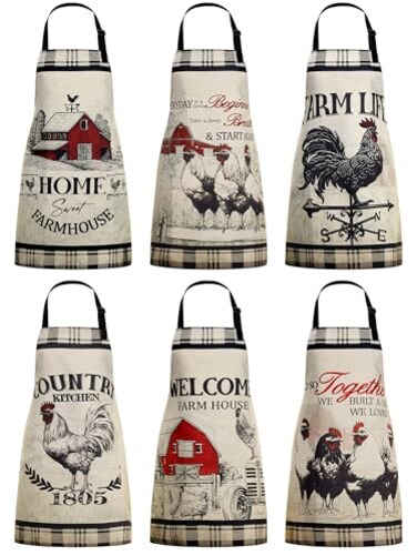 Bencailor 6 Pcs Summer Kitchen Aprons with Pockets Flower Rooster Bee Butterfly Sunflower Summer Aprons Bulk for Women