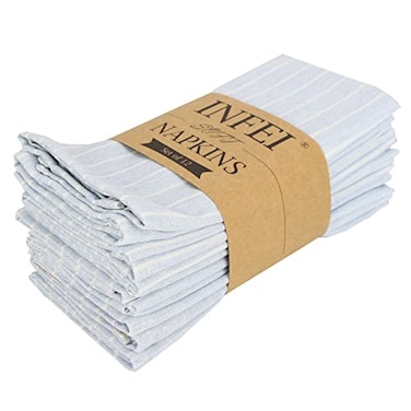 INFEI White Striped Linen Cotton Dinner Cloth Napkins Set of 12 40 x 30 cm for Events Home Use Sky Blue