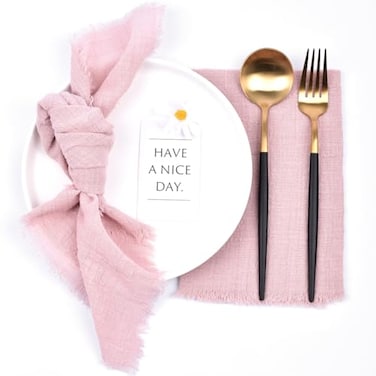 Joanlody 10 Pack Dusty Rose Handmade Cloth Napkins with Fringe Spring Easter Cotton Linen Napkins Rustic Bulk Dinner Napkins for Wedding Party Baby Shower Table Decor