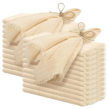 Pesonlook 24 Pcs Beige Handmade Cloth Napkins with Fringe 16x16 Inches Soft Delicate Rustic Cotton Linen Napkins Bulk for WeddingDinnerParty