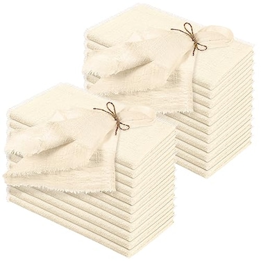 Preboun 24 Pcs Fringe Napkins Bulk Cloth Cotton Soft 17 x 17 Inch Rustic Reusable Washable Festive Square Table Napkins with Fringe for Parties Wedding Restaurant Table AccessoryIvory