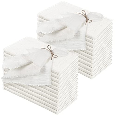 Preboun 24 Pcs Fringe Napkins Bulk Cloth Cotton Soft 17 x 17 Inch Rustic Reusable Washable Festive Square Table Napkins with Fringe for Parties Wedding Restaurant Table AccessoryWhite