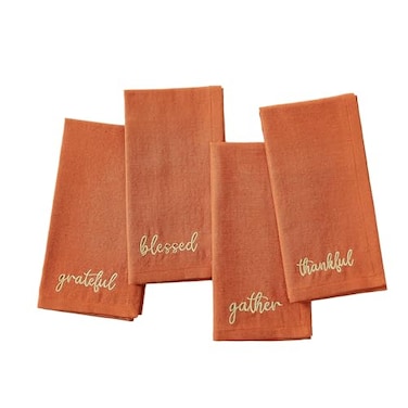 Elrene Home Fashions Harvest Fall Sentiment Embroidered Napkins Set of 4 17x17 Rust
