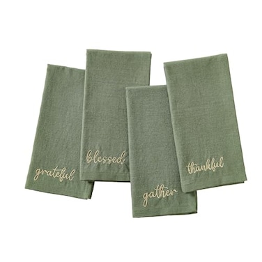 Elrene Home Fashions Harvest Fall Sentiment Embroidered Napkins Set of 4 17x17 Green
